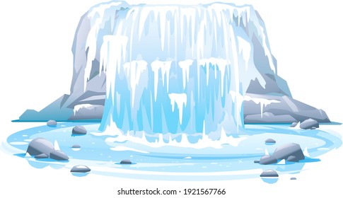 Frozen river waterfall falls from cliff in front view isolated illustration, picturesque tourist attraction with frozen waterfall, natural phenomenon of quite frozen waterfall on steep rocky stream