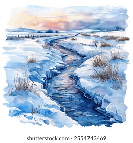 frozen river in winter vector illustration in watercolor style