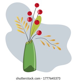 Frozen rowan berries in a broken bottle.
Broken glass against the background of a cold gray cloud.
Vector.