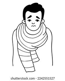 Frozen, sad sick guy, wrapped in scarf. Vector Outline illustration in doodle style. Male character concept of cold season, colds and treatment