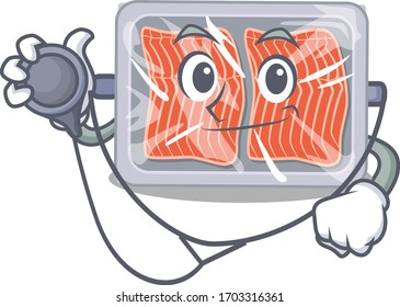Frozen salmon in doctor cartoon character with tools