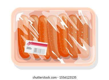 Frozen sausages, wieners are on plastic tray covered with kitchen film, clingfilm with label. Farm product from ground meat of pork, beef, chicken. Vector cartoon illustration isolated on white.