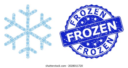 Sello redondo y copo de nieve de mosaico de recursión vectorial congelado. El sello azul contiene el título Congelado dentro de forma redonda. El mosaico vectorial está diseñado con iconos de copos de nieve recursivos.