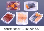 Frozen seafood and meat in plastic package with polyethylene wrap. Cartoon vector set of cold raw food products in tray container with transparent packet. Grocery supermarket refrigerator packaging.
