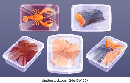 Frozen seafood and meat in plastic package with polyethylene wrap. Cartoon vector set of cold raw food products in tray container with transparent packet. Grocery supermarket refrigerator packaging.