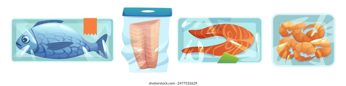 Frozen seafood on plastic tray packed with polyethylene transparent wrap for storage in freezer or refrigerator. Cartoon vector whole fish, steak and fillet, shrimps in sealer clingfilm container.