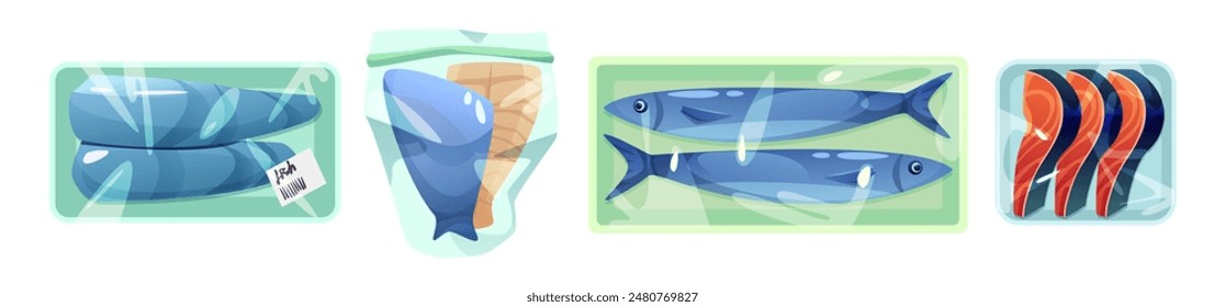 Frozen seafood package. Ice salmon plastic storage. Fish grocery pack for supermarket refrigerator. Freezer vacuum wrap for different cold fillet menu icon cartoon isolated asset collection.