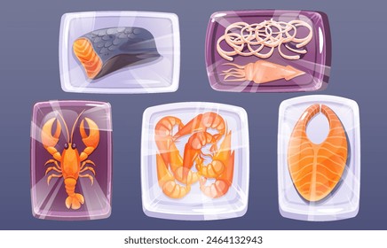 Frozen seafood Plastic package. Salmon sea fish and shrimp on tray pack for grocery market. Freezer container wrap for prawn and octopus. Cold marine dish storage bag for fridge isolated asset kit