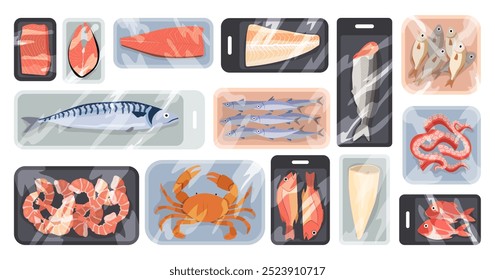 Gefrorene Meeresfrüchte. Top-Ansicht Illustrationen von Packungen mit exotischen Meeresprodukten Tintenfisch Krabbe Tintenfisch jüngste Vektorfische Bilder Set