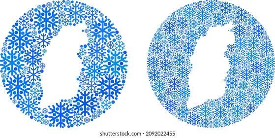 Gefrorene Landkarte der Provinz Shanxi mit Kugel und subtrahiertem Raum erstellt. Die Provinz Vector Shanxi kartografiert Eispartikel in verschiedenen Größen und blauen Farbtönen.