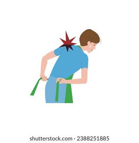 Frozen shoulder, shoulder arthritis. A woman with shoulder pain who cannot tie an apron.