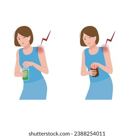 Frozen shoulder, shoulder arthritis. A woman with shoulder pain who cannot open the lid.