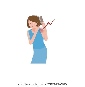 Frozen shoulder, shoulder arthritis. A woman with shoulder pain who cannot comb her hair.