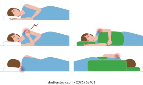 Frozen shoulder.periarthritis. A woman can't sleep because of shoulder pain at night. An example of how to sleep to relieve pain