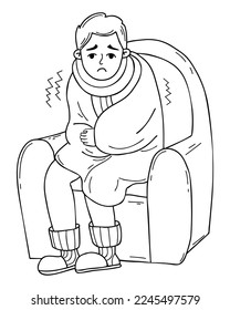 Frozen, sick guy, wrapped in blanket, sits in chair and trembles. Vector Outline illustration in doodle style. Male character concept of cold season, colds and treatment