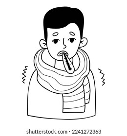 Frozen, sick guy, wrapped in scarf, with thermometer. Vector Outline illustration in doodle style. Male character concept of cold season, colds and treatment