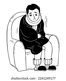 Frozen, sick unhappy man, wrapped in blanket, sits in chair and trembles. Vector illustration in doodle style. Male character concept of cold season, colds and treatment.