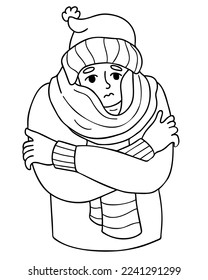 Frozen, sick and wrapped in scarf man shivering. vector illustration. linear doodle. Winter season and suffering of low minus degrees temperature