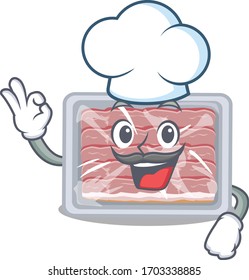 Frozen smoked bacon chef cartoon design style wearing white hat