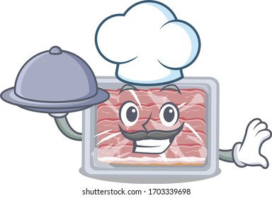 Frozen smoked bacon chef cartoon character serving food on tray