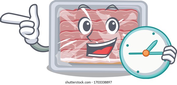 Frozen smoked bacon mascot design concept smiling with clock