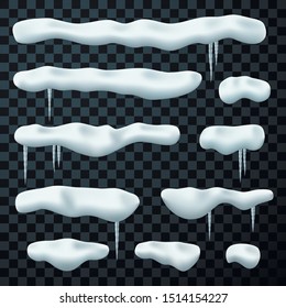 Frozen snow cap realistic vector illustrations set. Ice decorations isolated on transparent background. Horizontal snowcaps with icicles cliparts collection. Winter snowy roof decor elements