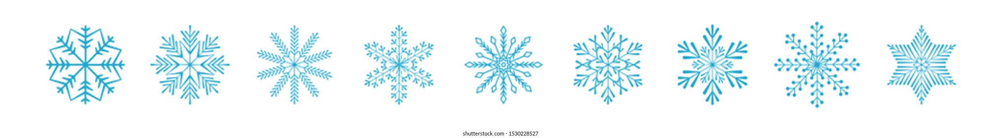 Frozen snowflake symbol collection vector illustration. SImple line blue snowflakes isolated on white background for abstract christmas celebration design or winter season decoration ornament