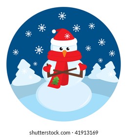 Frozen snowman in the winter forest. Vector illustration.