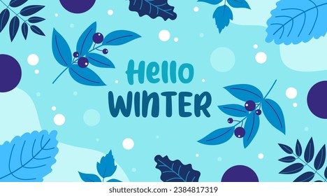 Frozen and snowy hello winter background. Icy blue winter elements. Cold and frosty mistletoe. Modern hand-drawn vector illustration.