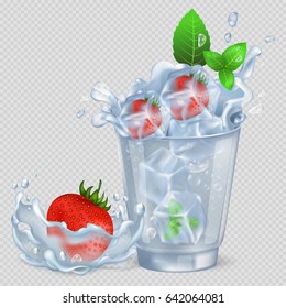Frozen strawberries and mint drop into glass with water and make it splash isolated vector illustration on transparent background.