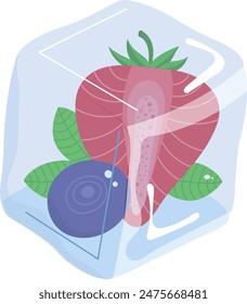 Cubo de hielo congelado de hoja de arándano de fresa derritiéndose. Las bayas frescas encapsuladas dentro del arte de la ilustración del hielo. Concepto del refresco del verano, Diseño gráfico de la preservación de la fruta.