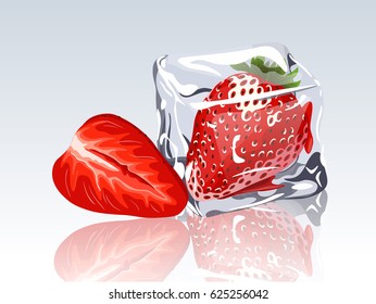 frozen strawberry in ice cube