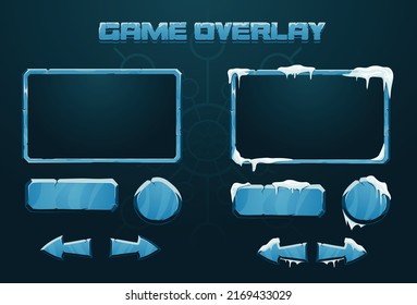 Frozen stream overlay for gamers and game makers. blue icy frame  can be used as facecam live cam border while streaming. buttons and arrows with cracked surface and snow on top shows winter season.