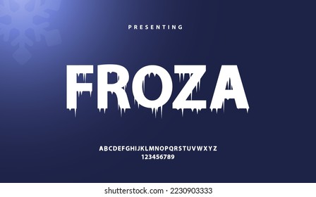 Frozen style alphabet font, uppercase and numbers, vector design.