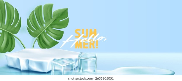 Frozen summer podium display with tropical monstera leaves and melting ice cubes. Realistic 3d product placement platform on light blue background. Cold refreshing season advertising mockup.