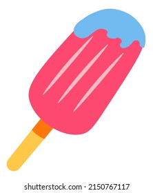 Frozen sweet dessert, isolated gelato on wooden stick. Tasty summer season snacks and meals. Vanilla and strawberry flavor and taste. Chocolate topping on ice cream top. Vector in flat style