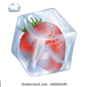 Frozen tasty red strawberry in glossy ice cube that melts and small drops isolated vector illustration on white background.