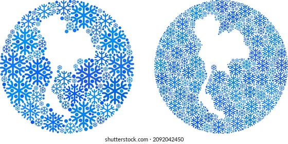 Frozen Thailand map collage is created with circle and subtracted shape. Vector Thailand map collage of ice particles in different sizes and blue color tinges. Created for Christmas templates.
