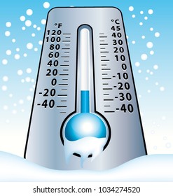 Frozen thermometer with falling snowflakes. Cold winter vector illustration.