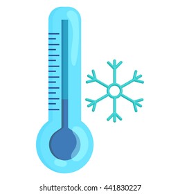 Frozen thermometer and snowflake icon in cartoon style on a white background