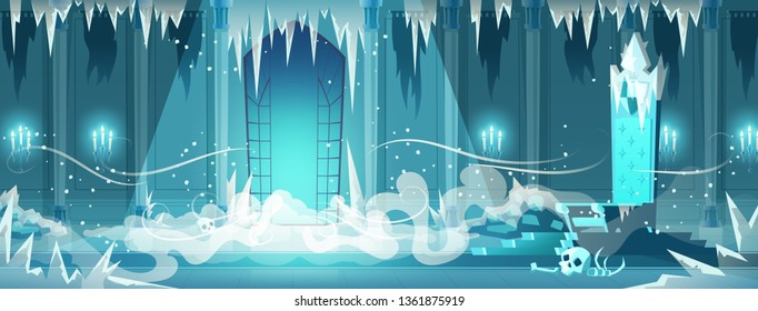 Frozen throne room or ballroom in snow queen, necromancer castle cartoon vector with fog spreading in room covered with ice and snow, human skull lying near evil witch or sorcerer throne illustration