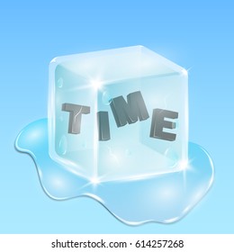 Frozen time in an ice cube. Black shiny text in 3d style. Continuation of the winter season. Time passes the cube melts and flows around in shiny drops and is surrounded by water
