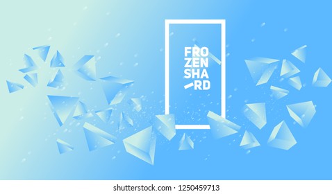 Frozen triangle shard design with a white transparent snowflakes on the bright blue background