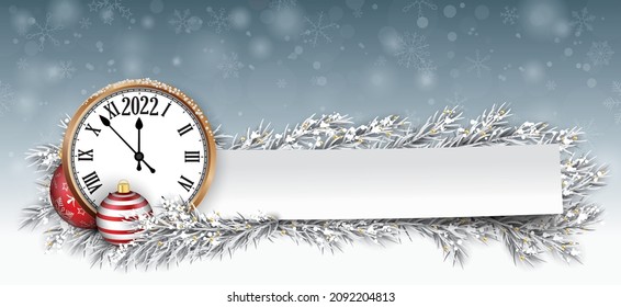 Frozen twigs, red bauble and paper sticker with the classic clock with the date 2022. Eps 10 vector file.