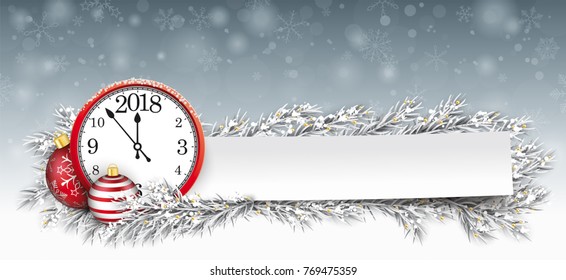 Frozen twigs, red bauble and paper sticker with the red clock and date 2018. Eps 10 vector file.