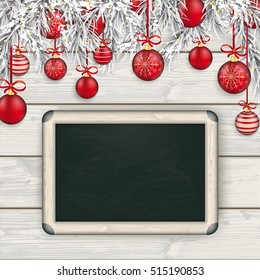 Frozen twigs with red baubles on the wooden background. Eps 10 vector file.