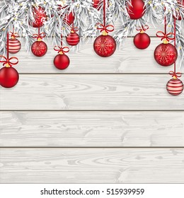 Frozen twigs with red baubles on the wooden background. Eps 10 vector file.