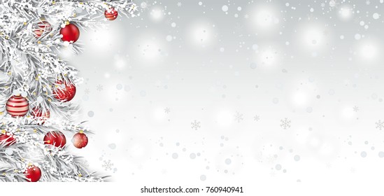 Frozen twigs with red christmas baubles on the white background with snow. Eps 10 vector file.