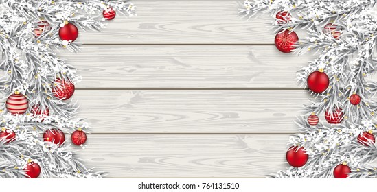 Frozen twigs with red christmas baubles on the wooden background. Eps 10 vector file.