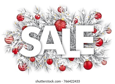 Frozen twigs, snow and red baubles and the text Sale on the white background. Eps 10 vector file.